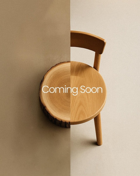 A split-screen design showcasing the transition from raw wood material to a finished minimalist chair, signaling a new product launch.