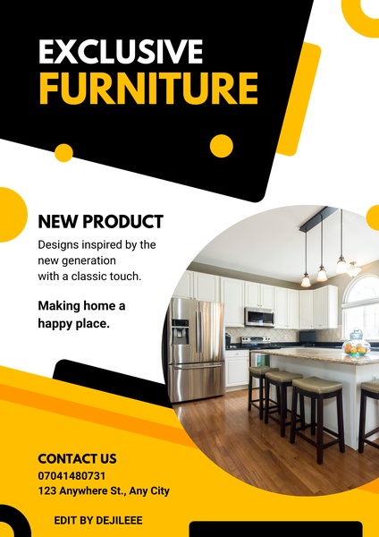 A split-screen design featuring bold typography on a yellow and black background, paired with a high-quality lifestyle shot of a modern kitchen island.