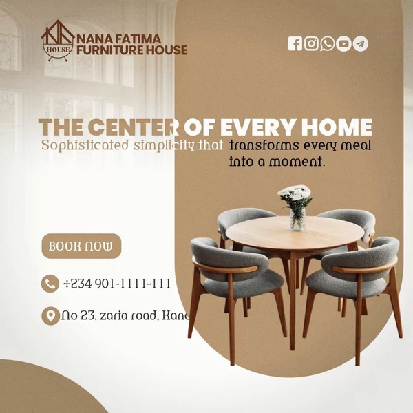 A high-end dining table set presented in a minimalist, warm-toned aesthetic that emphasizes comfort and home lifestyle.