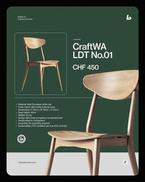 A high-end product feature display that highlights material, build quality, and specifications for a premium mid-century wooden chair.