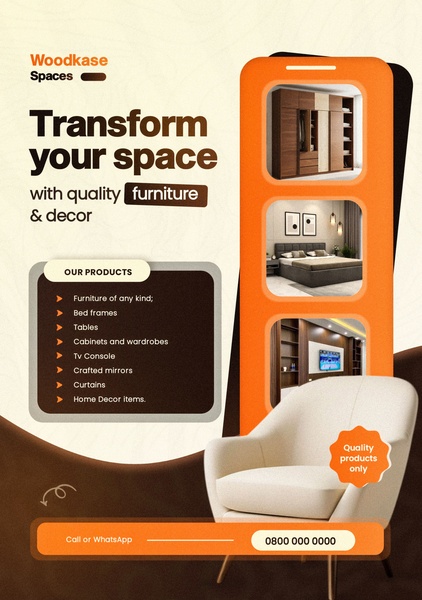 A vertical 2:3 ad layout showcasing multiple furniture pieces through a modern mobile-interface frame, emphasizing home transformation.