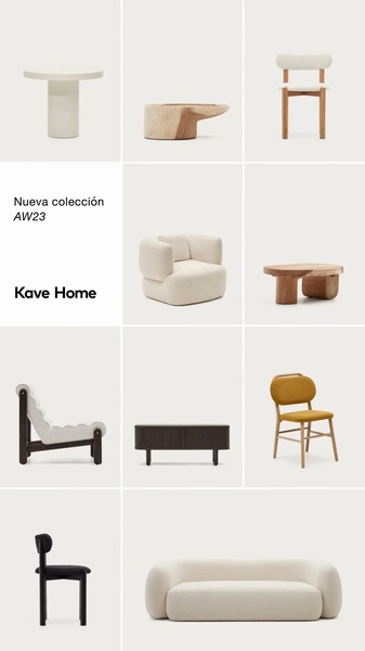 A 9:16 mobile-optimized layout showcasing a curated selection of minimalist furniture items against a consistent light background.