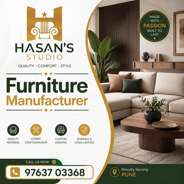 A clean, professional 1:1 ad creative showcasing custom sofa manufacturing services with clear benefit icons and local service area branding.