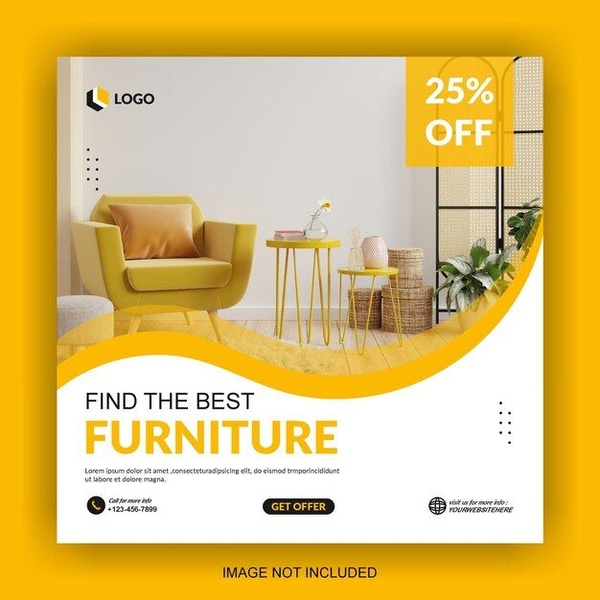 A high-conversion furniture ad featuring a yellow accent chair, minimal decor, and a clear 25% off value proposition for direct sales.