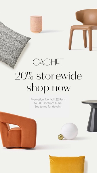 A clean, minimalist 9:16 vertical layout featuring various home furniture pieces floating in white space with a clear 20% discount offer.