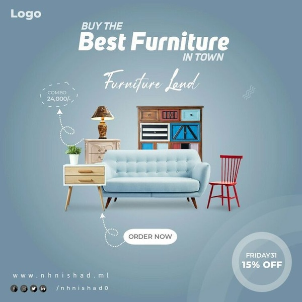 A clean, minimalist 1:1 ad creative showcasing a furniture combo set with a clear percentage-off offer and order-now call to action.