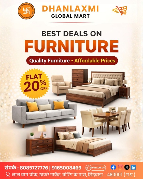 A clean, catalogue-style furniture sale advertisement featuring multiple home products with a clear 20% discount badge.