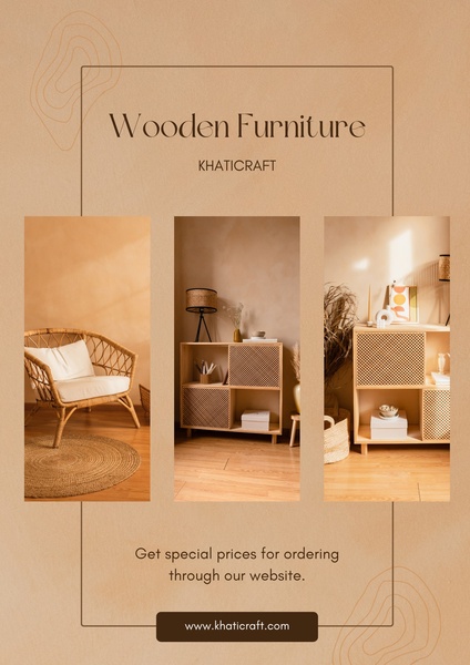 A high-quality 3:4 portrait layout showcasing various wooden furniture pieces in a warm, neutral, and minimalist interior setting.