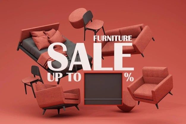 A 3:2 ratio ad creative displaying various furniture pieces floating around a bold sale announcement against a solid red backdrop.