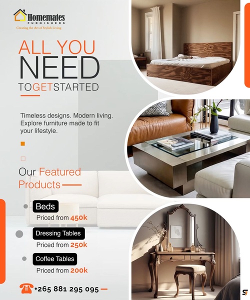 A clean, grid-based ad creative showcasing three distinct furniture products—a bed, a glass coffee table, and a wooden dressing table—with clear pricing.
