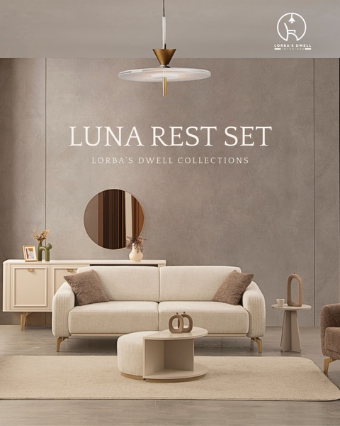 This creative showcases a sofa set in a clean, high-end interior setting using a soft, neutral color palette and balanced composition to drive desire.