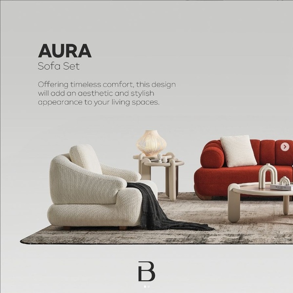 A high-end product hero ad for a modern sofa set, utilizing negative space and neutral tones to emphasize luxury and comfort.