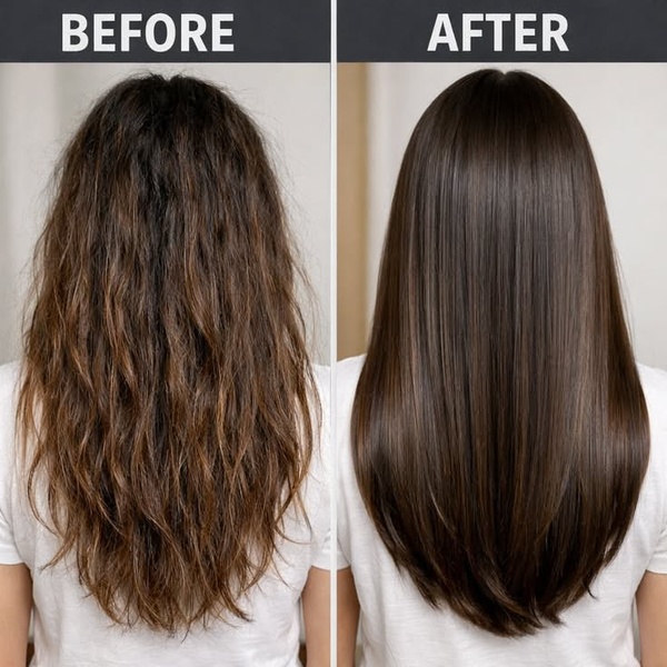 A split-screen comparison showing a dramatic improvement in hair texture and shine from a smoothing treatment.