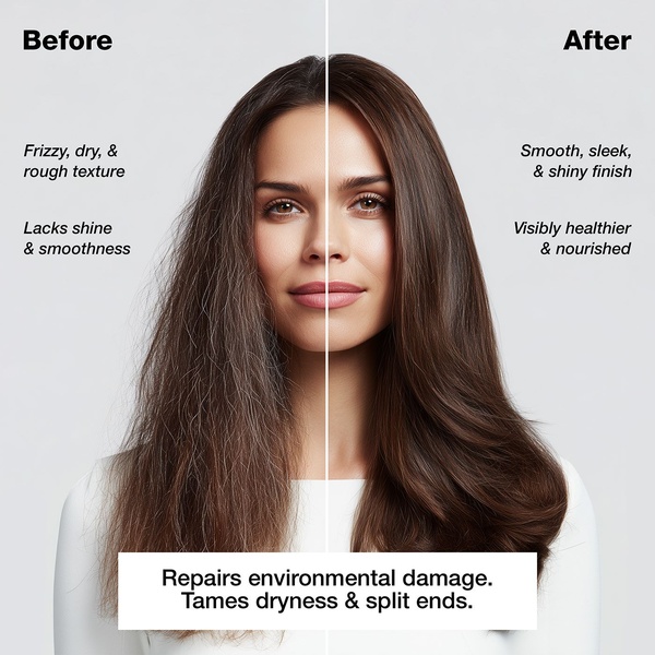 A direct comparison ad showing a dramatic transformation from frizzy, damaged hair to smooth, shiny hair, reinforcing the product's efficacy.