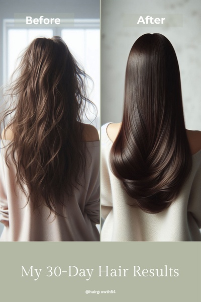 A clear, clinical before-and-after visual showing a 30-day transformation in hair volume and texture for a hair growth serum.