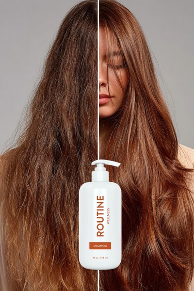A vertical 2:3 creative showing a dramatic split-screen comparison of frizzy hair versus smooth, healthy hair, with the product bottle centered at the bottom.