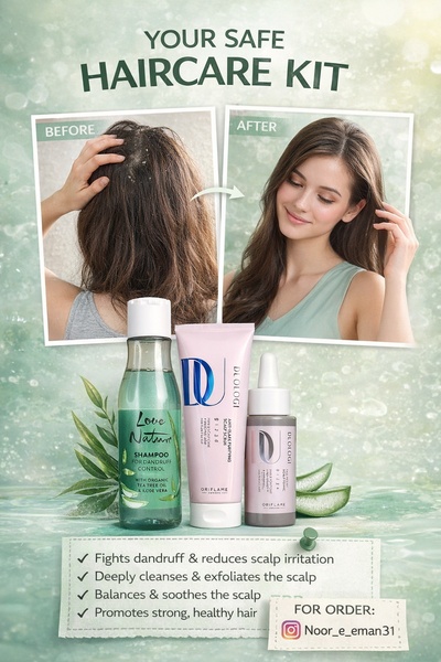 A split-screen comparison showing a scalp before and after using a three-piece haircare kit, accompanied by clear benefit bullet points.