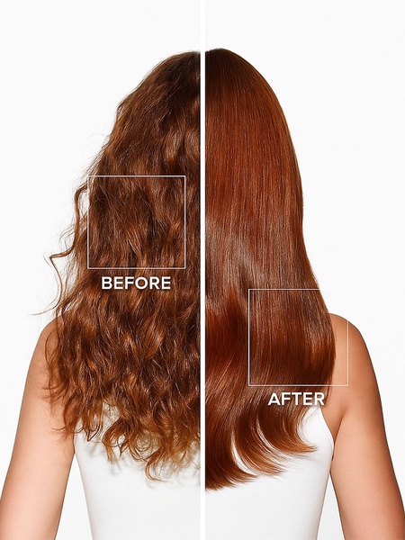 A split-screen comparison showing hair texture before and after a smoothing treatment, highlighting the immediate visual difference.