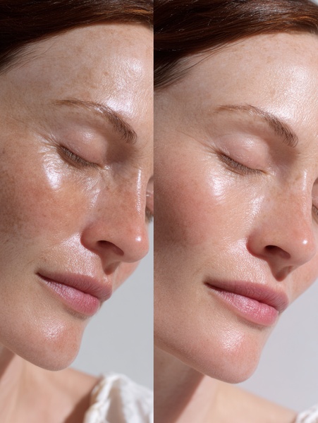 A split-screen comparison showing the texture and tone of skin before and after using a serum. The clean aesthetic focuses entirely on product efficacy.