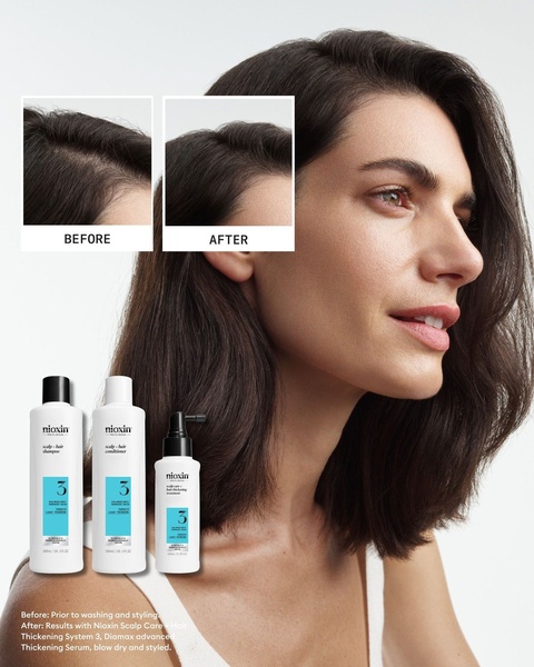 A split-screen comparison showing the visual effectiveness of a three-part hair thickening system on a female model.