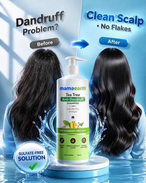A split-screen comparison showing hair improvement after using the product, emphasizing scalp health and the absence of flakes.