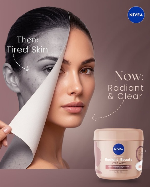 A split-screen comparison showing the transition from tired, uneven skin to a radiant, clear complexion using body cream.