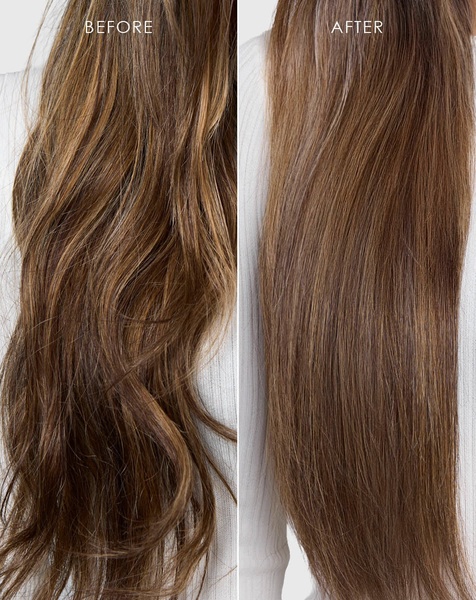 A split-screen comparison demonstrating hair texture improvement from frizzy to smooth using a hair serum treatment.