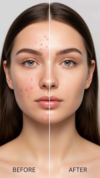A split-screen comparison showing a woman's face with acne on the left and clear skin on the right, highlighting product results.