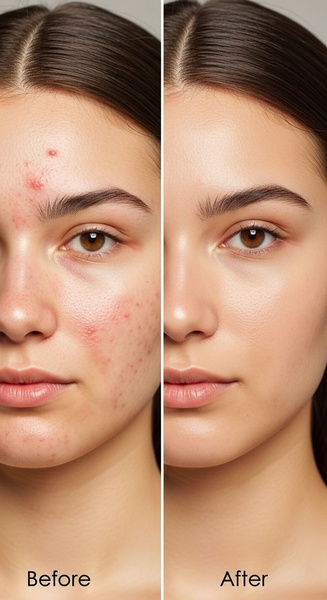 This creative uses a split-screen visual to show a clear before and after result of a skincare treatment.