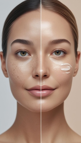 A split-screen portrait showcasing a model's face before and after applying a skincare cream to demonstrate product effectiveness.