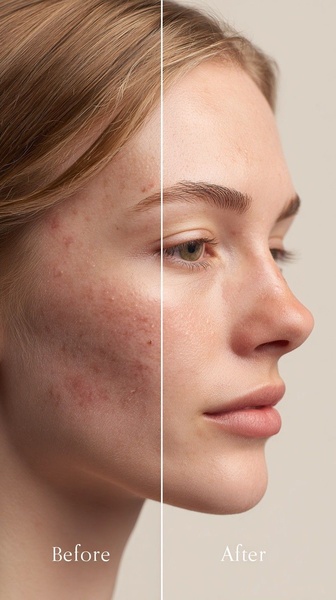 A split-screen comparison showing a clear difference in skin texture and acne reduction for a skincare treatment.