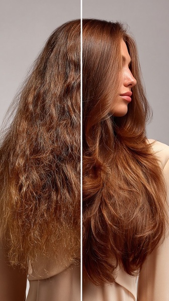 A split-screen comparison showing a dramatic difference in hair texture, smoothness, and shine before and after using a hair serum product.