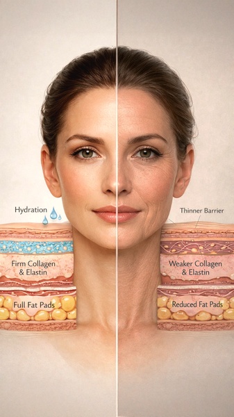 A split-screen educational visual comparing healthy skin hydration with collagen-depleted aging skin to highlight the necessity of skincare products.