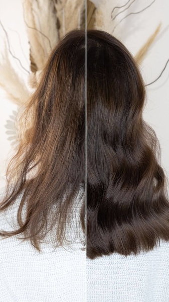 A split-screen comparison showing hair texture improvement from a damaged state to a smoothed, healthy-looking result.