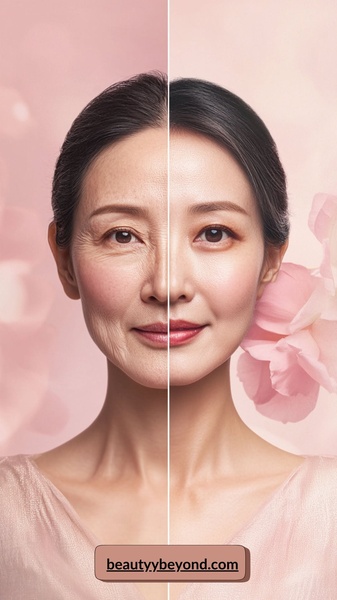 A split-screen comparison showing a woman's face with visible aging on one side and smoothed, rejuvenated skin on the other.