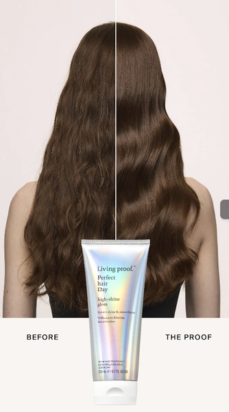 A split-screen comparison showing a model's hair texture before and after using the hair gloss treatment, placing the product front and center.