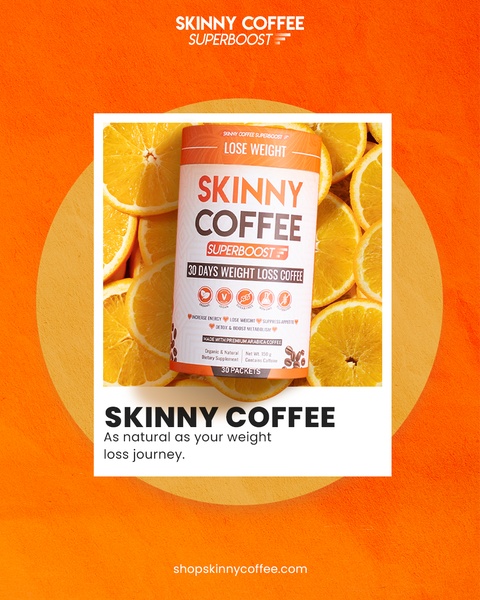 This creative features a centered product shot of weight loss coffee surrounded by sliced oranges, utilizing a bold orange color scheme to convey freshness and energy.