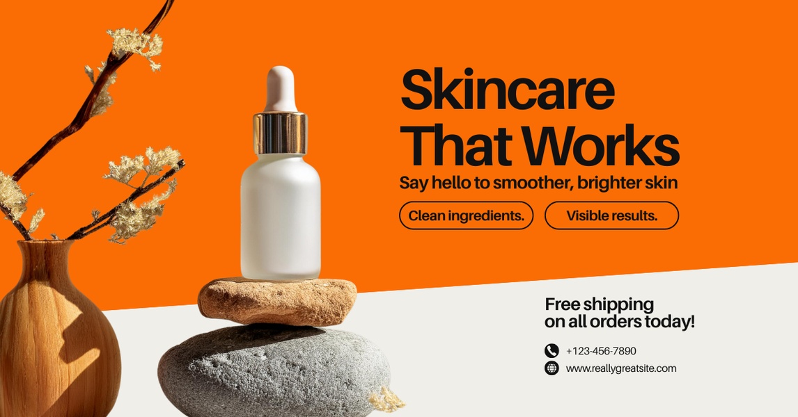 face serum, skin serum, facial serum, skincare serum, dropper serum, brightening serum, brand awareness, free shipping, minimalist, editorial, bold, fresh, orange, neutral, brown