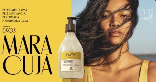 A high-contrast visual featuring a body moisturizer bottle positioned next to a serene, natural-looking model, emphasizing product benefits through bold typography.