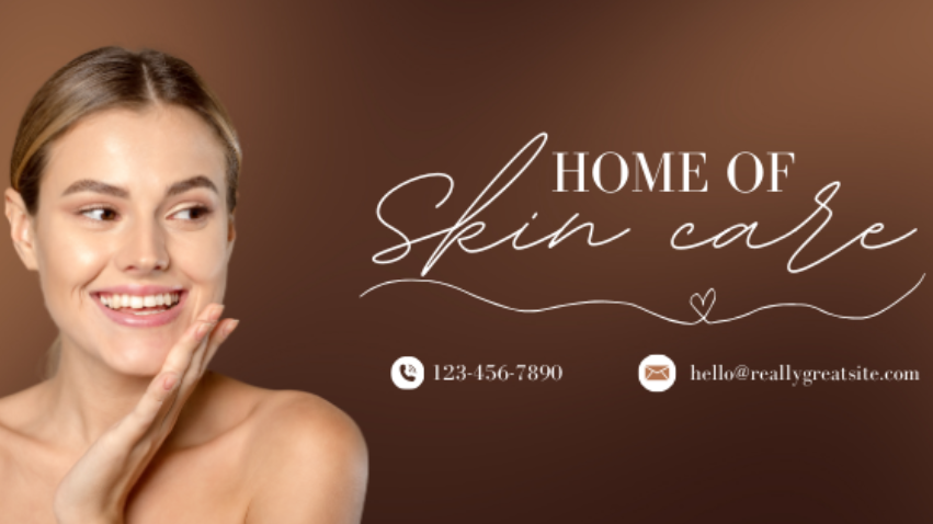 A high-quality 16:9 skincare ad creative featuring a woman showing healthy skin with minimalist typography and clear brand contact information.
