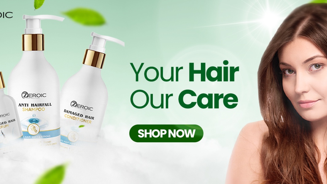 A 16:9 lifestyle and product-focused advertisement featuring anti-hairfall shampoo, conditioner, and serum products alongside a model.