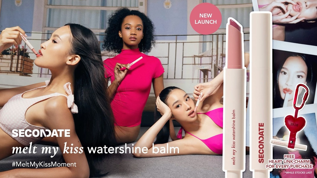 A high-energy, editorial-style lifestyle ad featuring three models and product close-ups to promote a new lip balm launch.