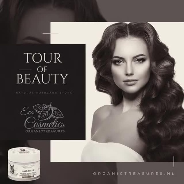 This creative showcases a high-end hair mask product positioned alongside an elegant model to highlight premium quality and results.