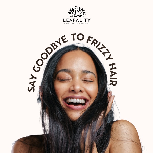 A close-up studio shot of a smiling woman with smooth, healthy hair, using a clear benefit-driven headline to promote a hair care product.