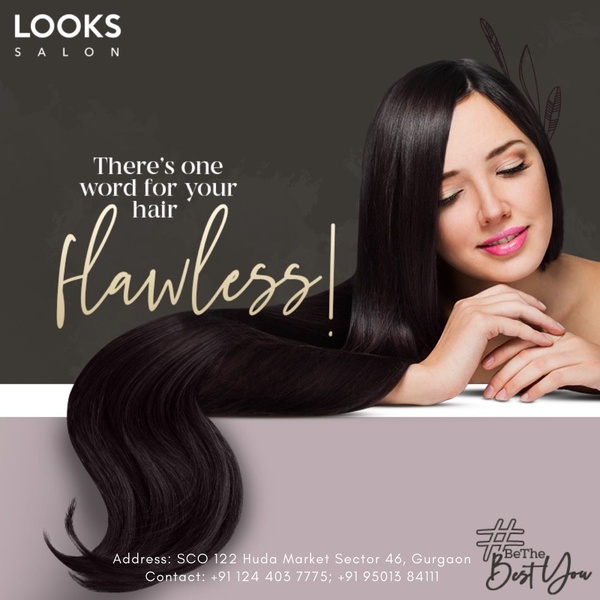 A minimalist, high-end salon ad featuring a model with sleek, dark hair and a bold, one-word typography hook.