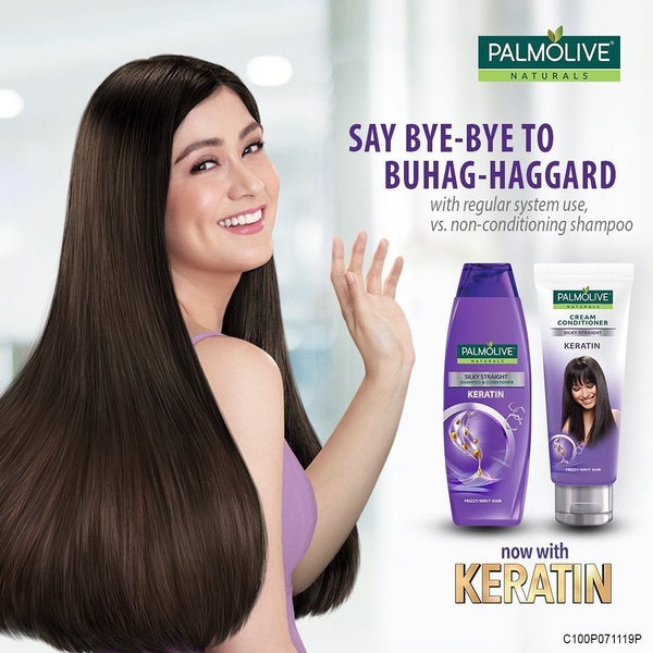 This ad creative uses a classic before-and-after style visual hook to demonstrate the results of using a keratin-infused hair care system.