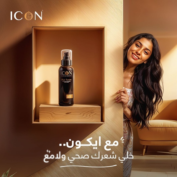 A high-quality lifestyle shot featuring a woman interacting with a minimalist shelving unit displaying the hair serum, emphasizing elegance and product focus.
