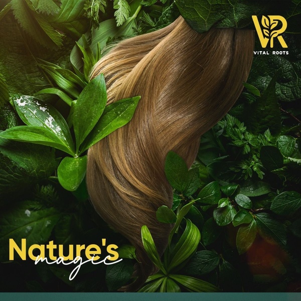 A visually striking square ad featuring flowing hair intertwined with lush green foliage, emphasizing a connection to natural ingredients.