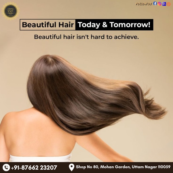 A clean, minimalist 1:1 ad creative for a hair salon, focusing on high-quality hair imagery and a straightforward service proposition.