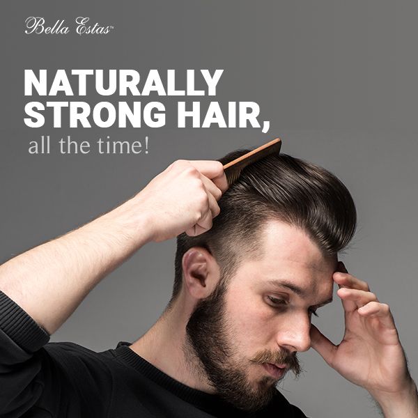 A clean, studio-lit shot of a man grooming his hair with a wooden comb, using bold white typography to highlight product benefits.